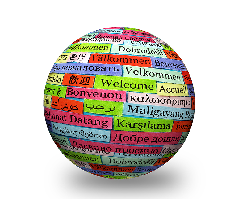 welcome colorfull   in different languages on 3d sphere